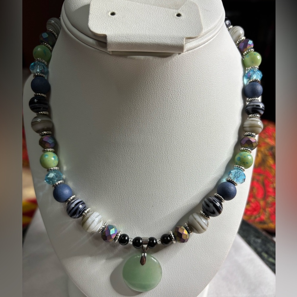 Natural Stones and Glass Beaded Necklace with Natural Jade Pendant 18 inches